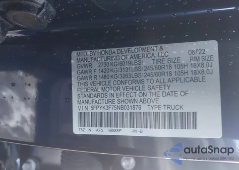 2022 Honda Ridgeline Rtl-E from USA, damaged, VIN 5FPYK3F75NB031876